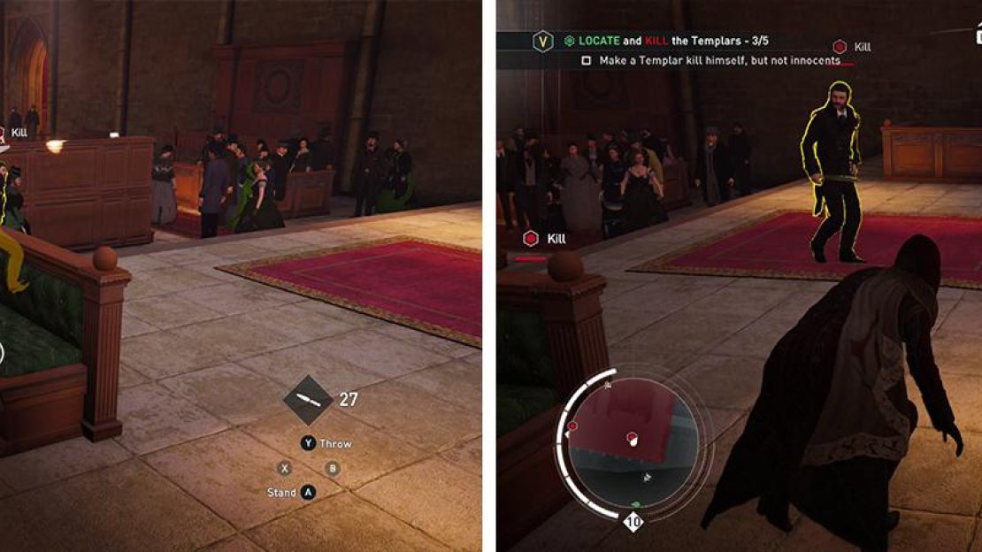 Whisle the fourth Templar into the open (left) to have him explode without killing anyone (right).