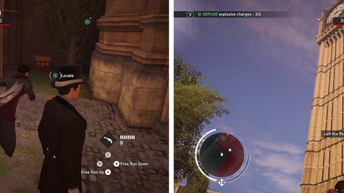 The second bomb can be found in the outdoor courtyard (left). The final bomb is at the top of the Big Ben tower (right).