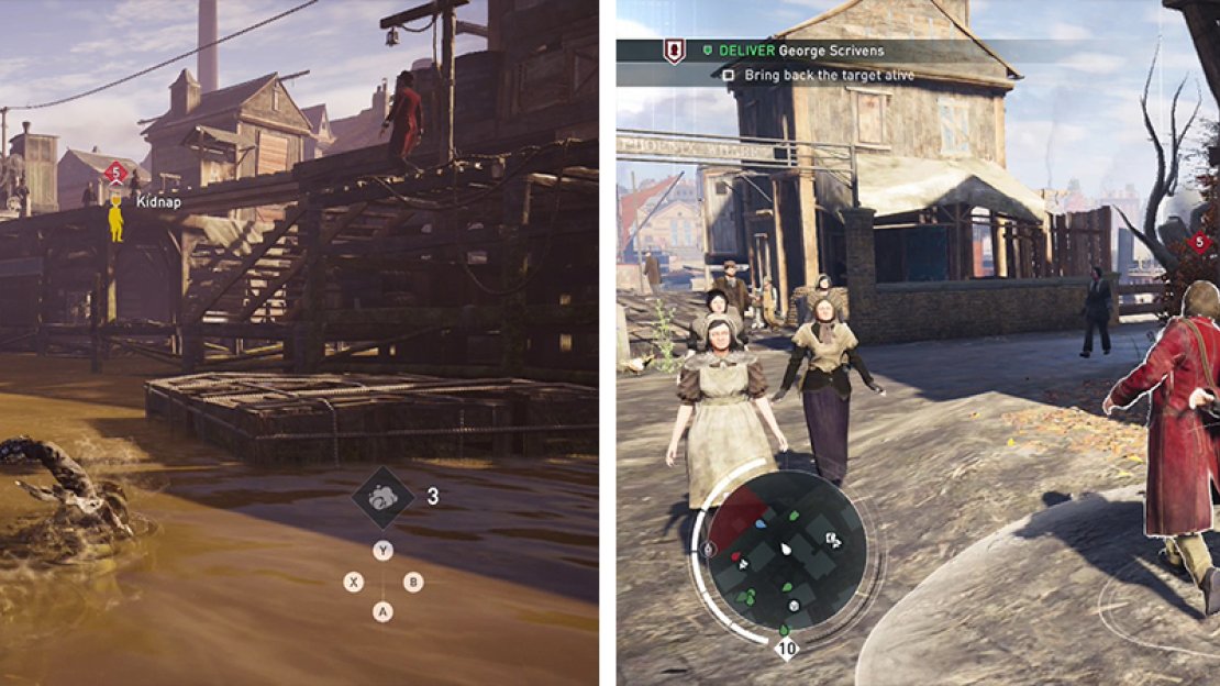 Approach from the water (left) and climb up to grab the target. Escort him from the area (right).