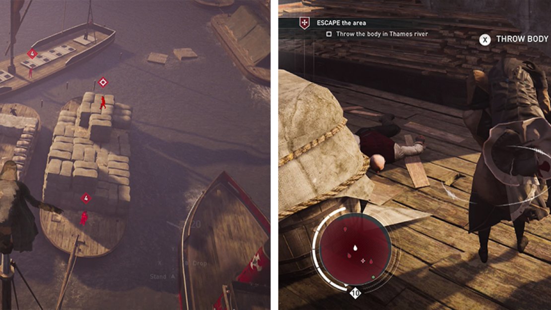 The target can be found on a barge (left). Once you have killed him throw his body in the river for the optional objective (right).