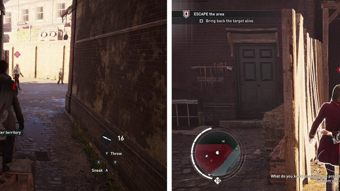 Hop over the wooden fence (left) and grab the target just to the left. Escort her from the area (right).