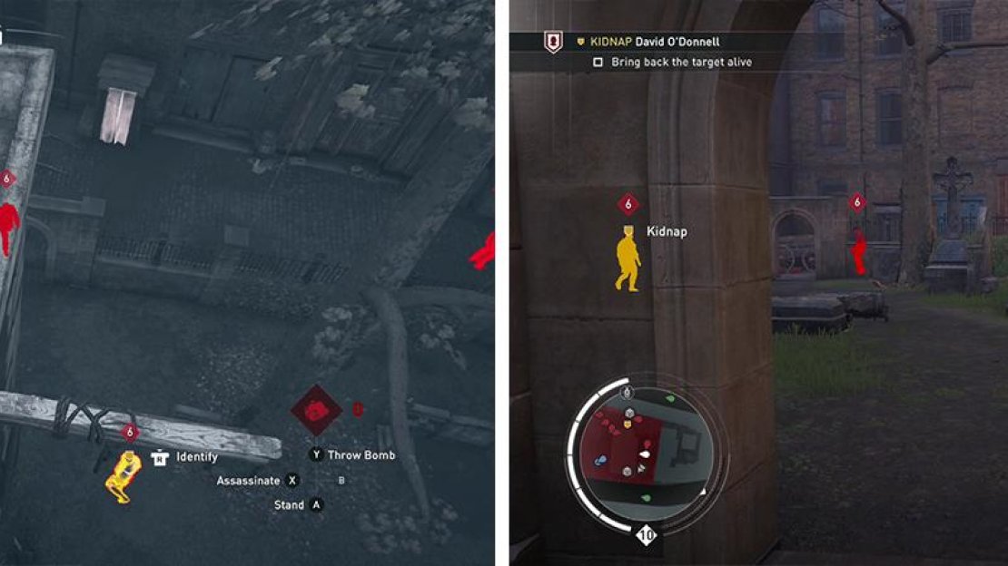 The target can be found on the north side of the building (left). Use the stone gate to cover assassinate the nearby enemies (right).