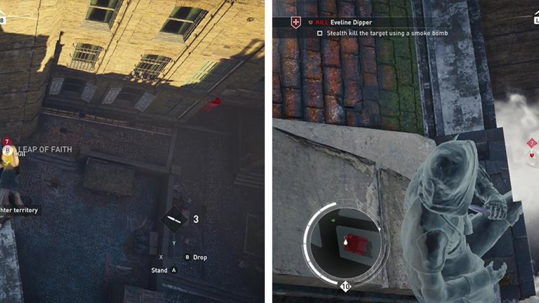 The target is patrolling the courtyard (left). Drop a smoke bomb on her (right) and then use throwing knives or an air assassination for the optional objective.