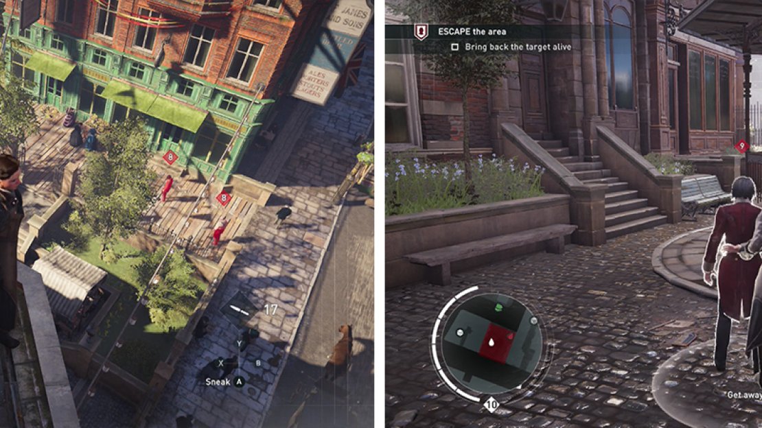 The eastern corner of the area has the fewest enemies (left). Once clear, drop down and grab the target as he patrols through (right).