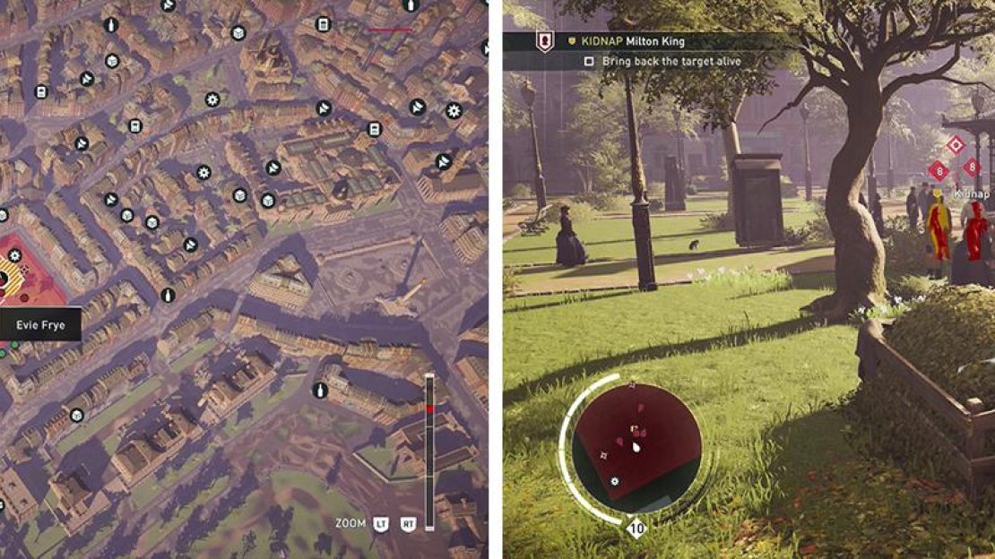 The target can be found in the centre of the park (left). Sneak up behind and eliminate his bodyguards before grabbing the target (right).