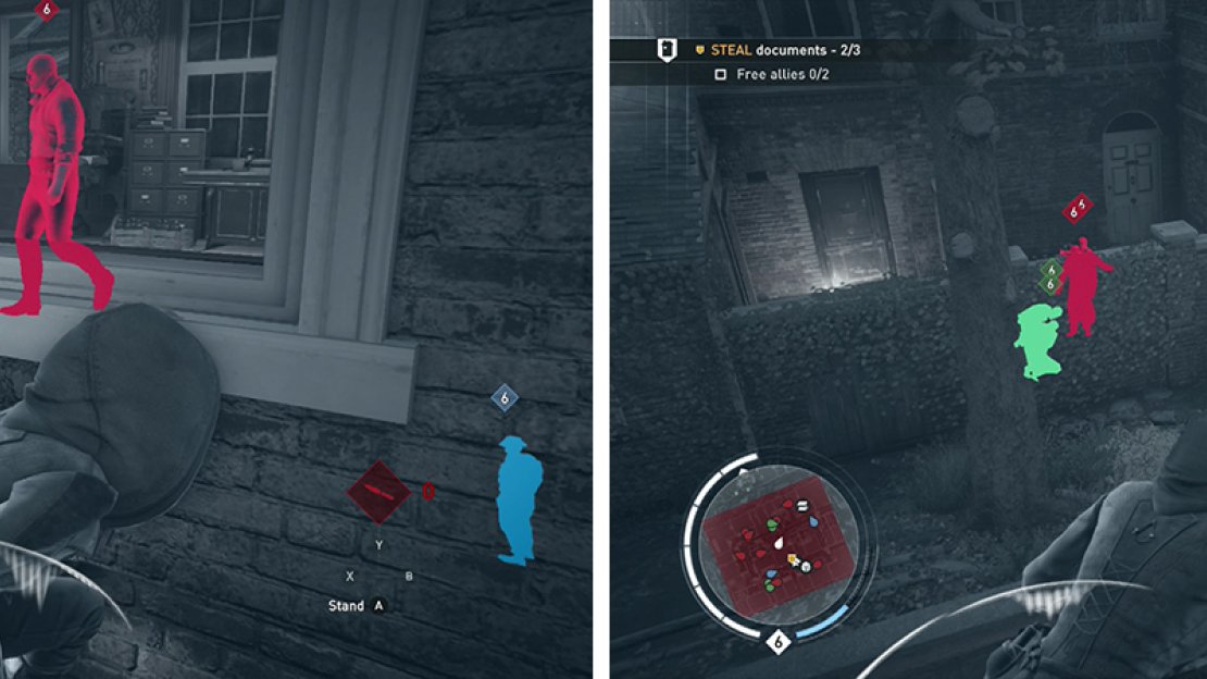 There is a piece of intelligence in the central building (left). Free the allies last so that you won’t have to keep them alive (right).
