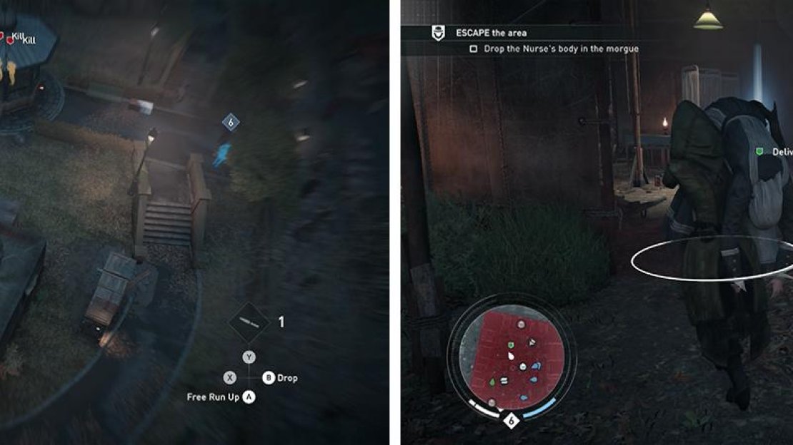 The targets will occasionally come together in the gazebo (left). After killing them throw the nurse’s body in the morgue for the optional objective (right).