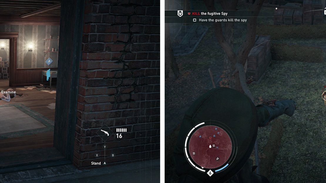 Investigate the body in the building (left). Use a hallucinogenic dart on the target to have the guards kill him (right).