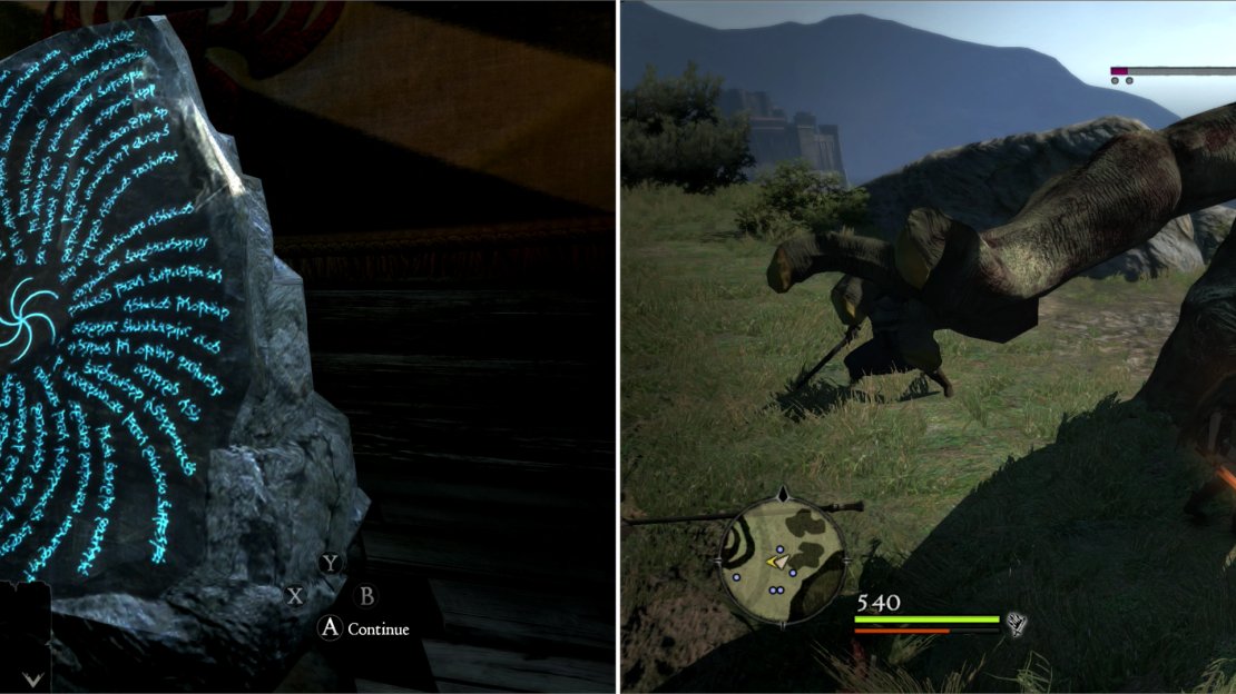 Approeach the Riftstone in the Encampment and you’ll be told to prove your mettle as Arisen (left). Since you’re the type who listens to talking rocks, head outside and confront the rampaging Cyclops; a worthy test for any Arisen (right).