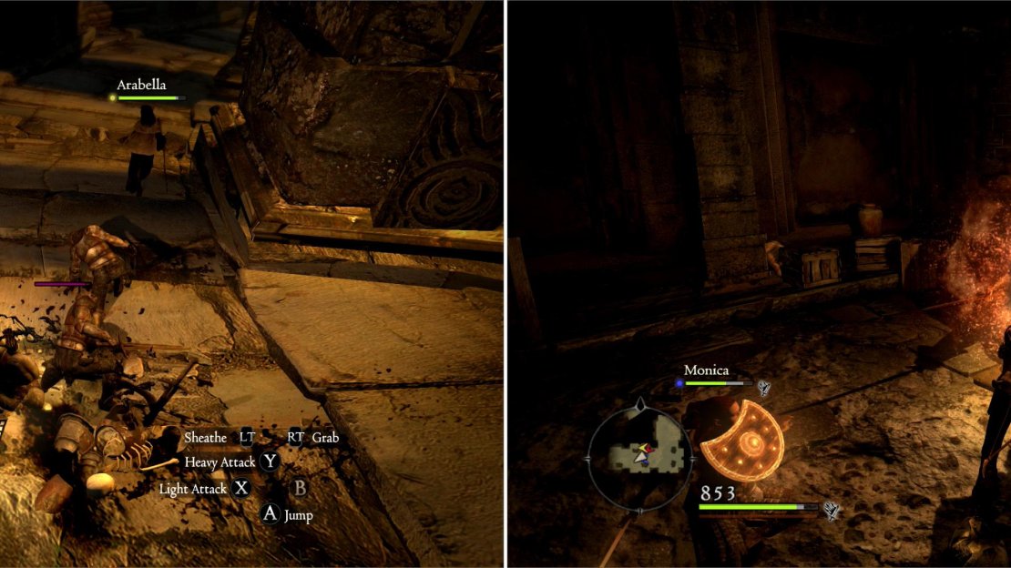Undead Warriors will by playing possum on the spiraling ramp leading to the depths of the Everfall (left). More undead - in the form of Skeletons - also lurk in the Everfall (right).