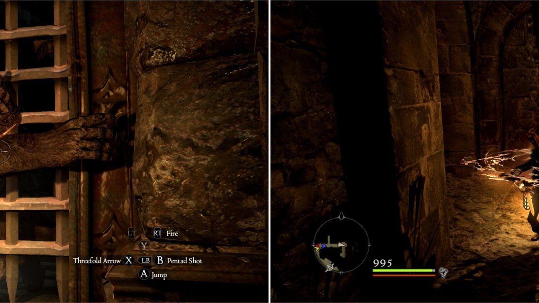 The gate will keep the Ogre beyond at bay, allowing you to kill it with ranged attacks (left). Skeleton Mages, however, are not impeded by range (right).