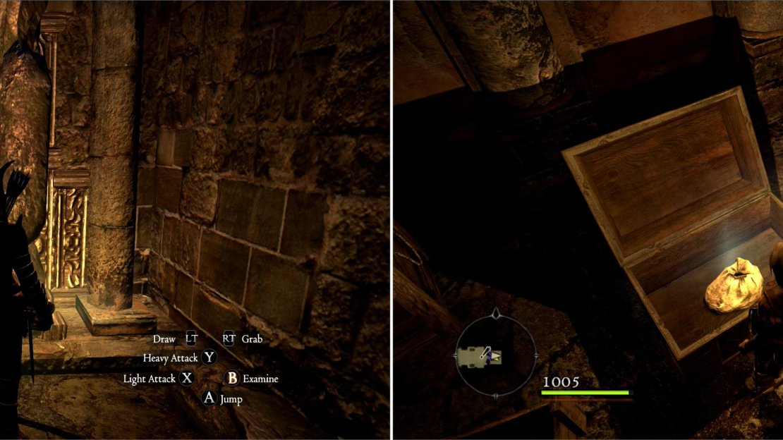 After defeating the Skeleton Knight, recover, place and pull the lever in its sarcophagus (left). Doing so will allow you to reach two chests containing goodies (right).