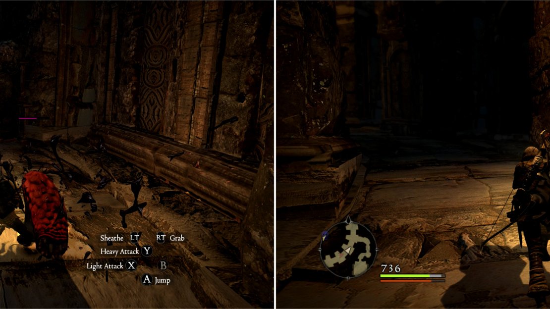 You can fight the tentacles that harrass you, but they’ll continue to spawn endlessly (left). The only way to be rid of the tentacle scourge is to flee the Everfall (right).
