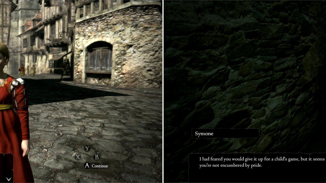When you reach the market, Symone will challenge you to a game of hide-and-seek (left). You’ll find her hiding behind Arsmith’s Alehouse (right).