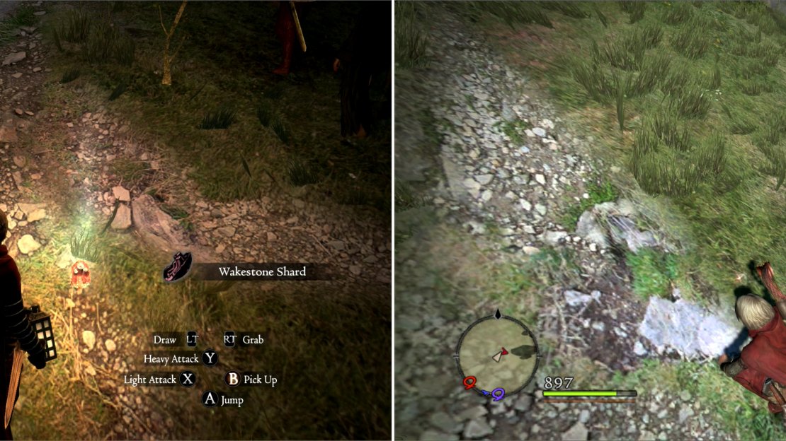 On Hillfigure Knoll, you’ll find a Wakestone Shard near a bush (left). Search the Hillfigure’s spear to obtain Signs of Valor (right).