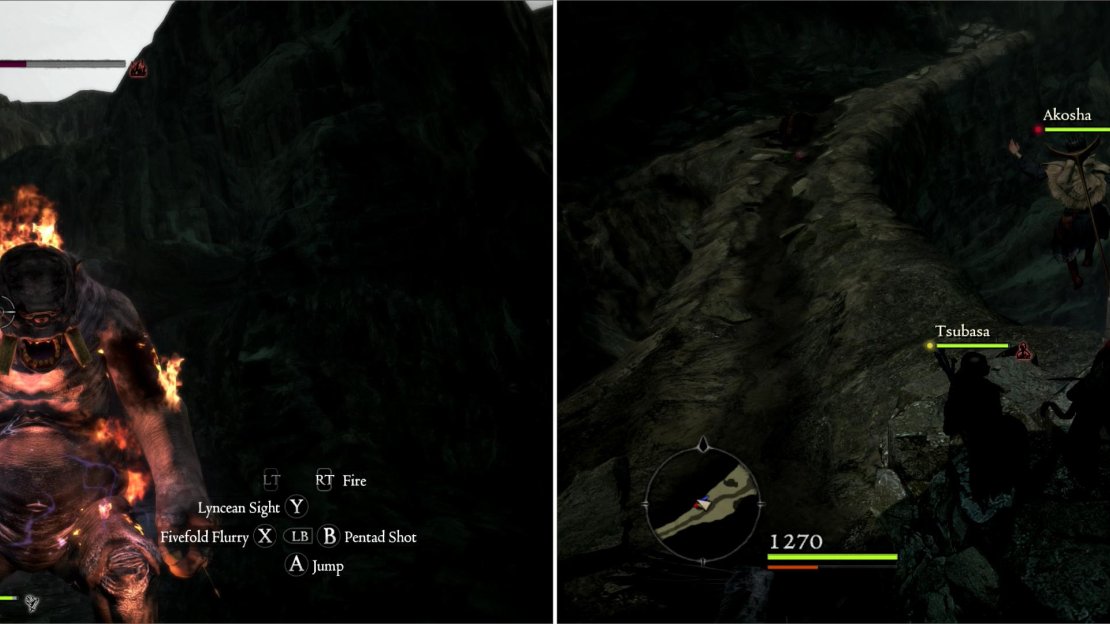 A narrow causeway is occupied by a clumsy Cyclops (left), which once is felled (or falls) holds some treasure (right).