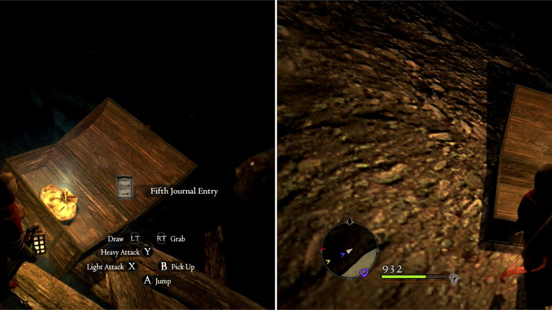 On a ledge overlooking Soulflayer Canyon you can find the Fifth Journal Entry (left). After plundering Soulflayer Canyon, find a chest on some cliffs for some parting treasure (right).