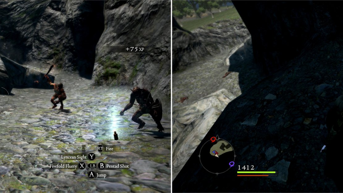 Terrorize some Goblins lurking in some mountain passes leading to the Watergod’s Altar (left), then Double Vault onto a ledge to claim some treasure (right).