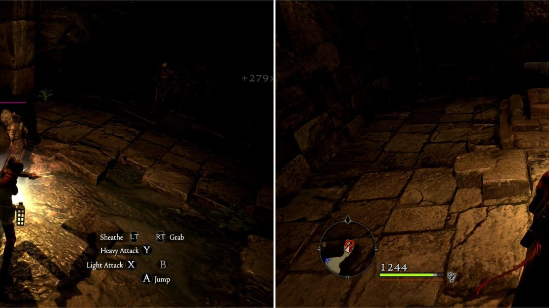 After opening the sealed door, dispatch some Skeleton Knights (left) then stand on a pressure plate to drain the water in the temple’s depths (right).
