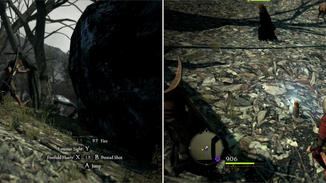 Bandits prowl the edges of the Wilted Forest (left). Near the Abbey you can find a Cursed Carving (right).