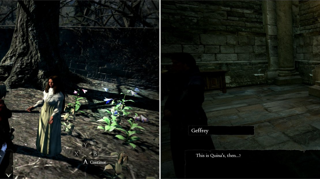 Talk to Quina at the Abbey in the Wilted Forest (left) then deliver proof of her talents to Geffrey in Gran Soren (right).