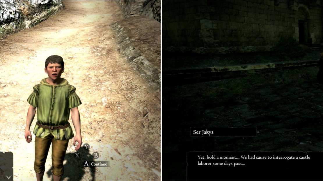 You’ll find Tomlin in Cassardis, whining about his missing father (left). His seeds of suspicion seem to have been well-founded, as a guard confirms a gardener has been incarcerated (right).