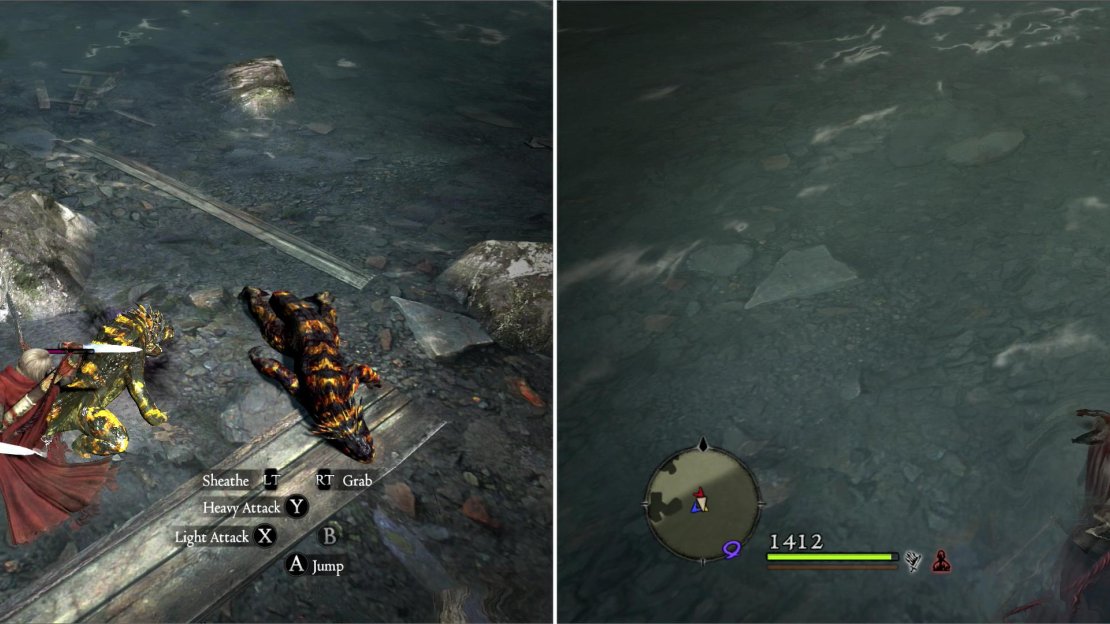 Sulfur Saurian’s lurk on the river crossing connecting the Wilted Forest to Cursewood (left). If you explor the coast of the river you can find a fishing spot which dependably contains a Snakeskin Purse (right).
