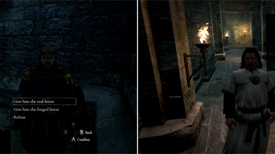 With the Confidential Letter (and perhaps its forgery) in hand, return to the castle, where you can give the letter to either Ser Gabrian (left) Fedel (right) or both.