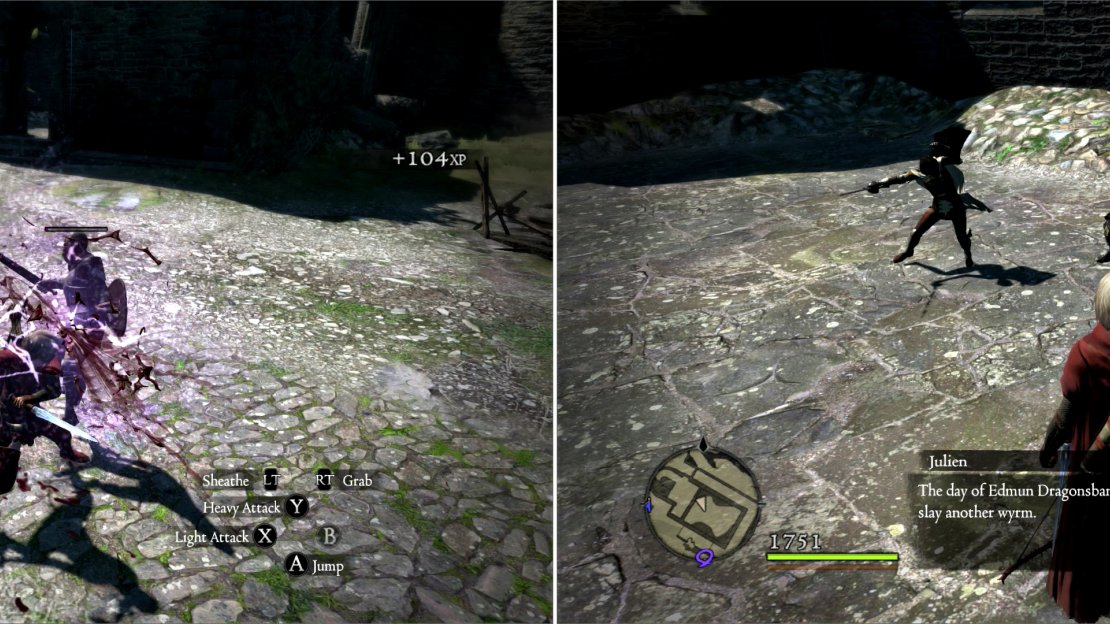 Dispatch the rebel guards at The Stone of the North (left) then either watch Mercedes try to prove the hero against Julien (right) or interfere in the fight.