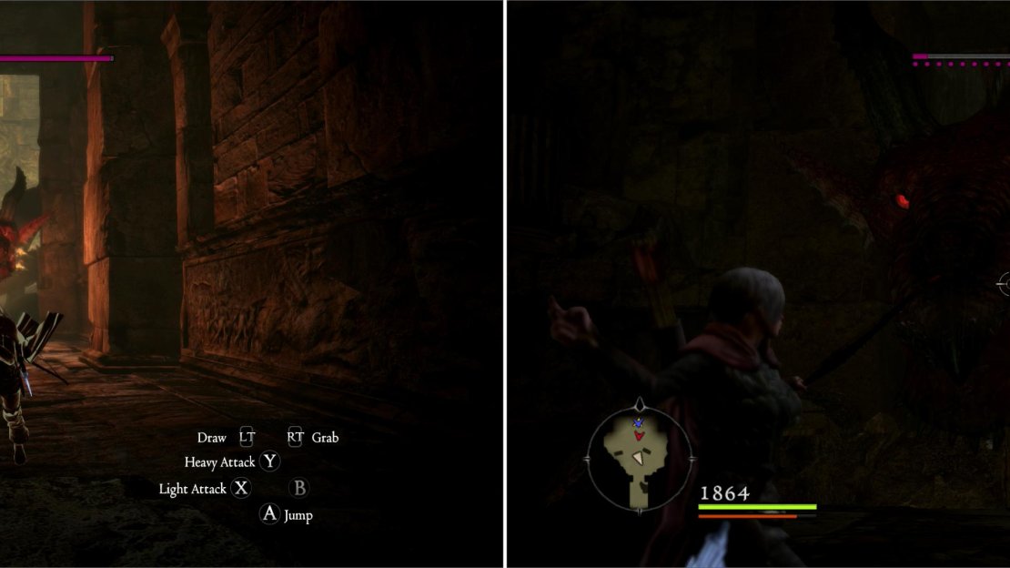 Challenge the Dragon and make a run deeper into the temple (left). When the Dragon is stuck in a corridor, take this opportunity to deal as much damage to it as you can (right).