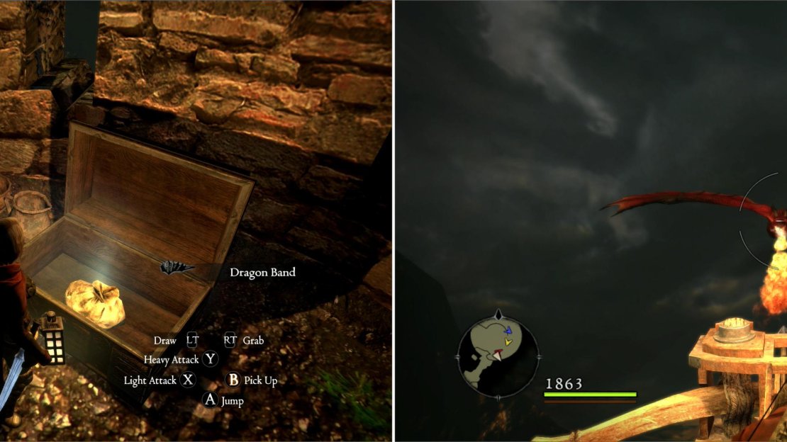 Don’t neglect to pick up loot as you chase the Dragon, as there’s plenty of fine gear to be found (left). Man a ballista and shoot the Dragon as it approaches (right).