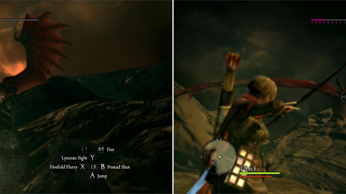 Use ranged attacks - or a ballista if you don’t have a ranged weapon - to drive the dragon from its perch (left), and to shoot it down when it attmpts more fly-by attacks (right).