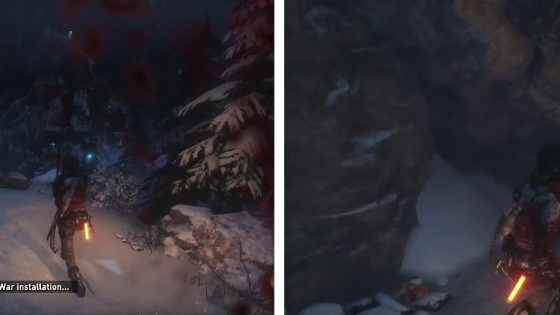 When you regain control, follow the objective marker to open the chest here (left). Find and loot the Mushrooms (right).