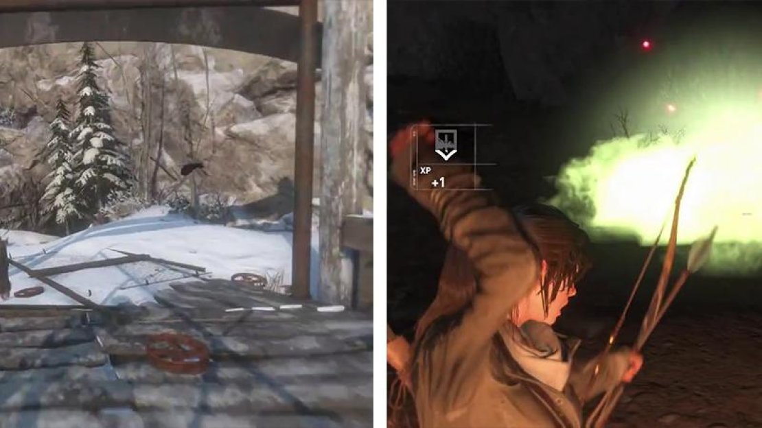 Cross the bridge to the north (left) to reach the target cave. Inside, use the Poison Arrows to deal with the wolves quickly (right).