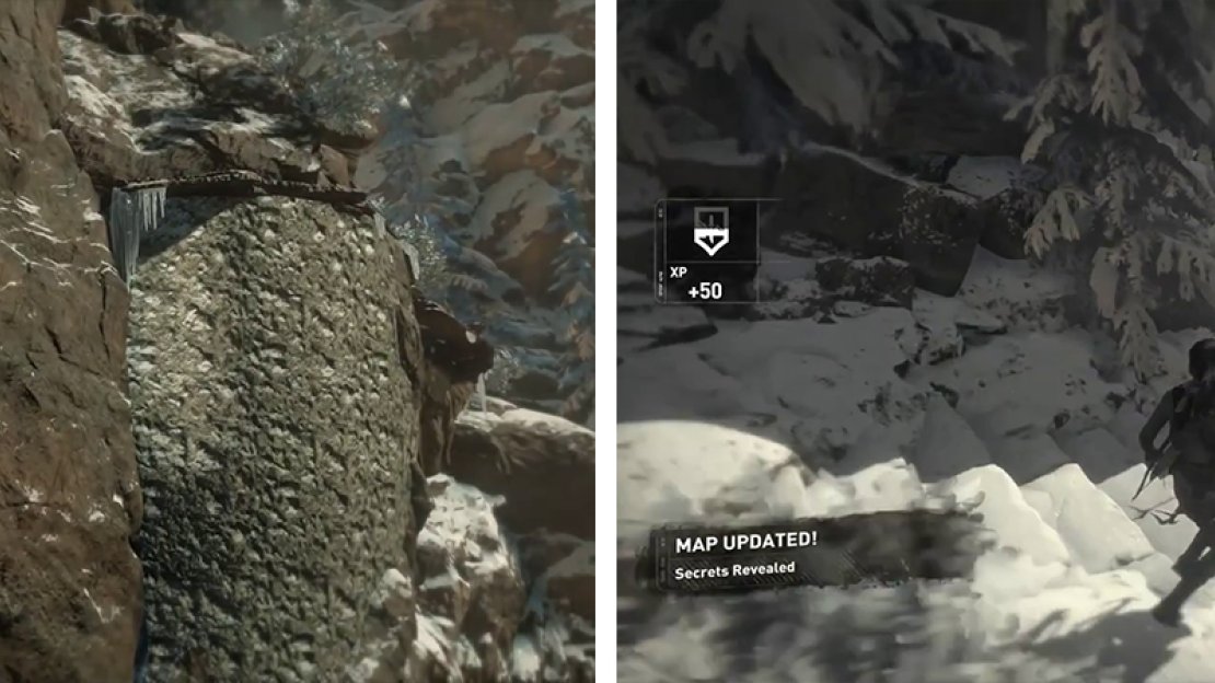 Work your way along the cliffs until you reach the temple (left). Before entering, take the stairs in front to find Relic 10 (right).