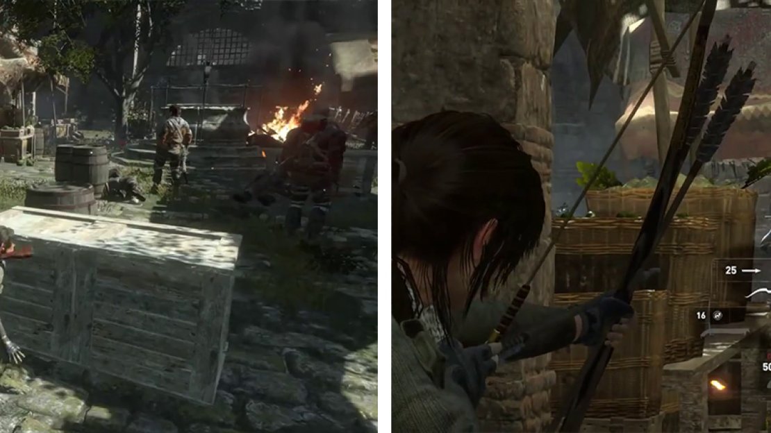 We need to clear the courtyard of enemies (left). use Poison Arrows to do so quickly (right).