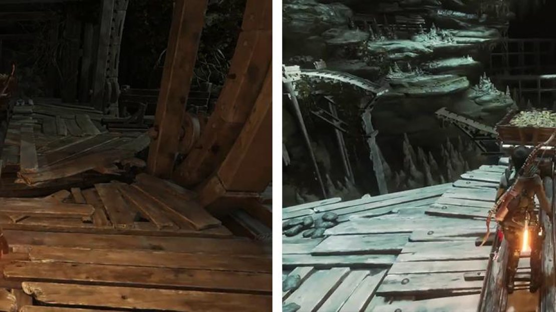 Push the cart onto the lift and into the correct position (left). Raise the lift to the top and push it down the ramp to open the door (right).