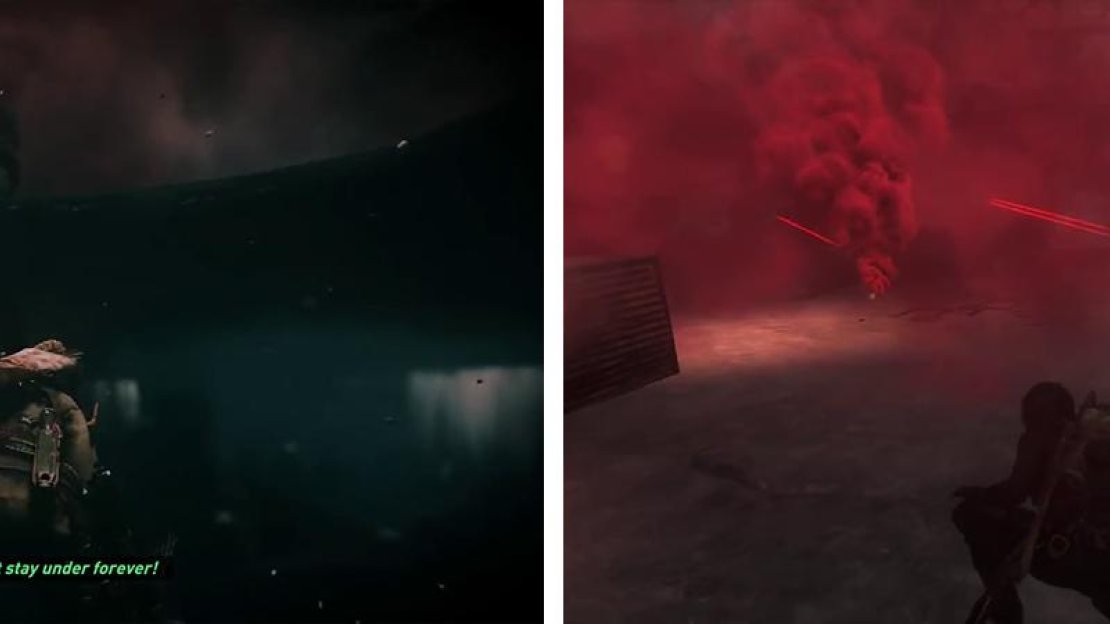 Use the holes in the ice to swim up and take down enemies (left). You can also hop out and use the smoke as cover to perform hit and run attacks (right).