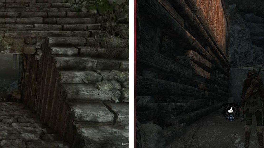 After the scene, head down the secret passage to enter the Orrery (left). Beneath the first weak wooden wall is Survival Cache 01 (right).