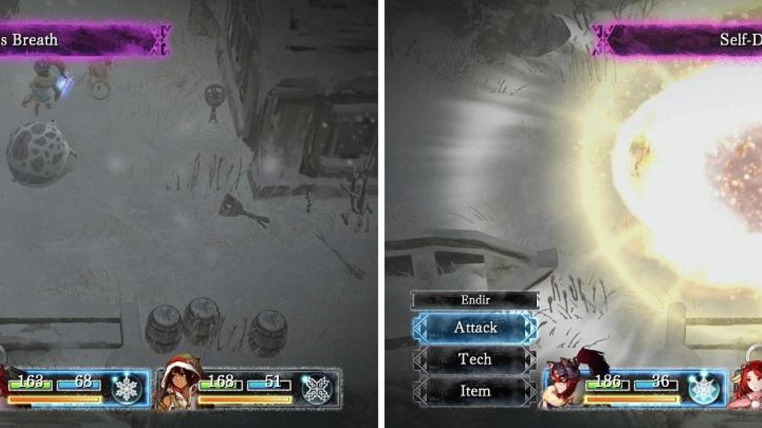 Puff-Puffs can inflict Sap on characters with Poisonous Breath (left). They will always Self-Destruct when they have been killed (right).