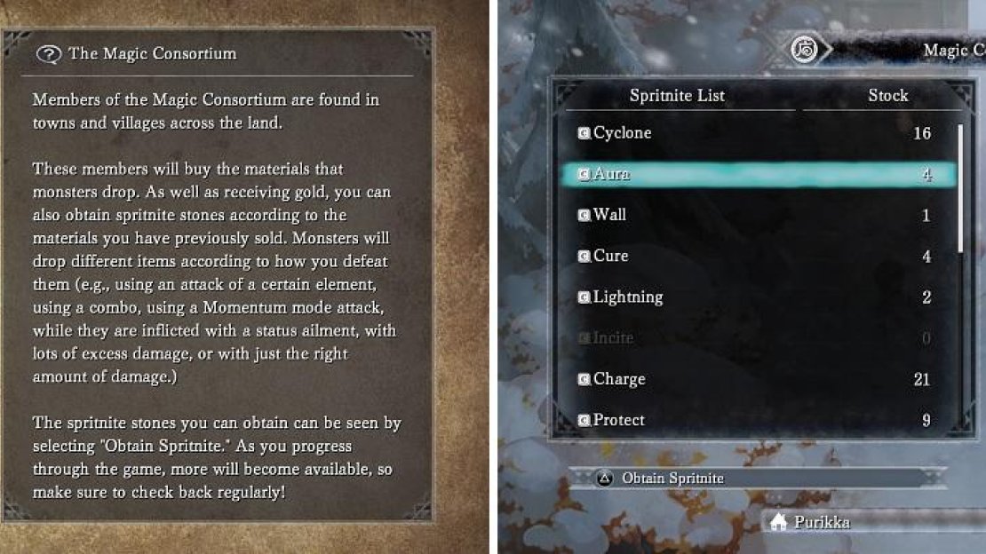 You will get new Spritnite by selling materials dropped by enemies to the Magic Consortium (left). Aura is a great healing tech for Endir (right).