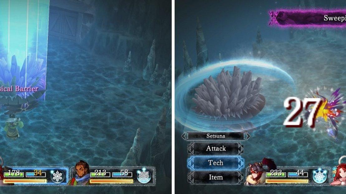 The boss has high defense when it hides in its shell (left). Sweeping Spin will hit all of your characters for decent damage (right).