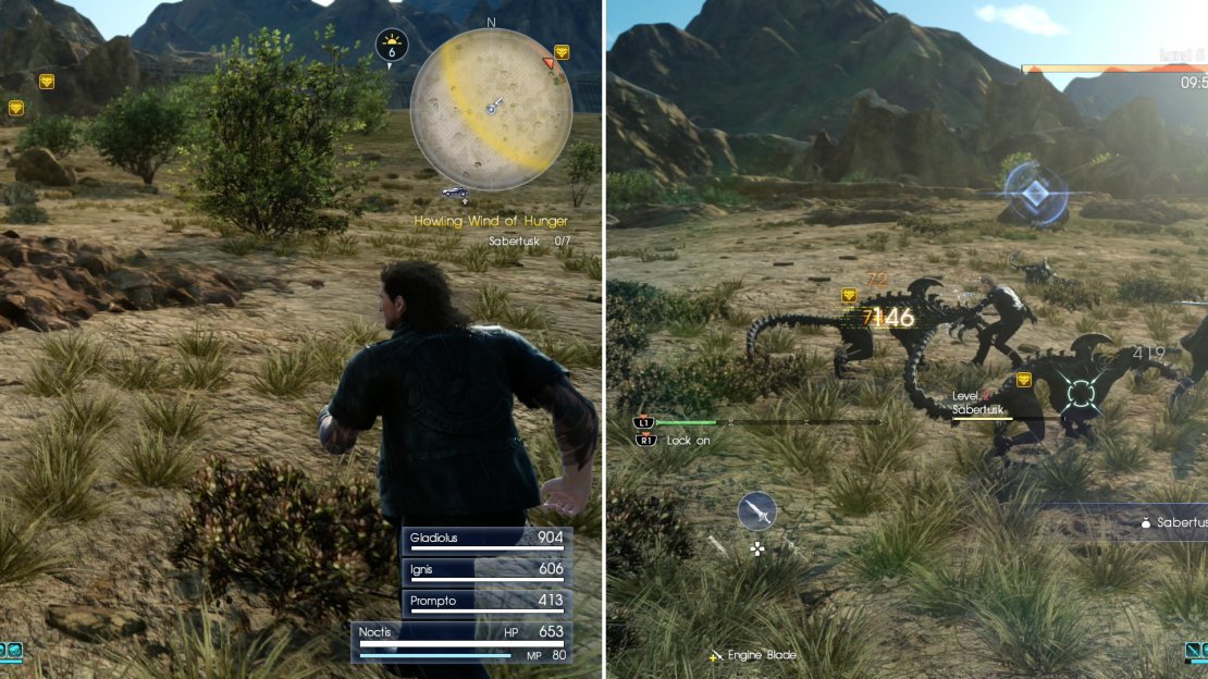 Sprinting expends Stamina, but pressing the sprint button at the right time will fully replenish your Stamina (left). Head to the indicated area and kill the Sabertusks (right).