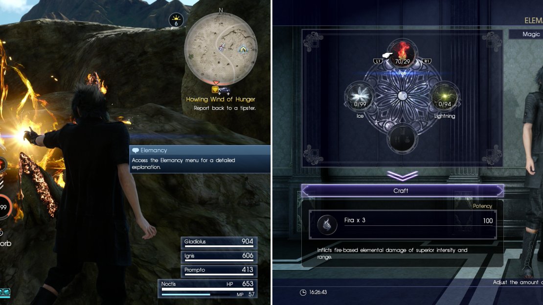 Draw elemental energy from deposits, which are usually found near havens (left), then use this energy to concoct elemental magic of varying potencies (right).