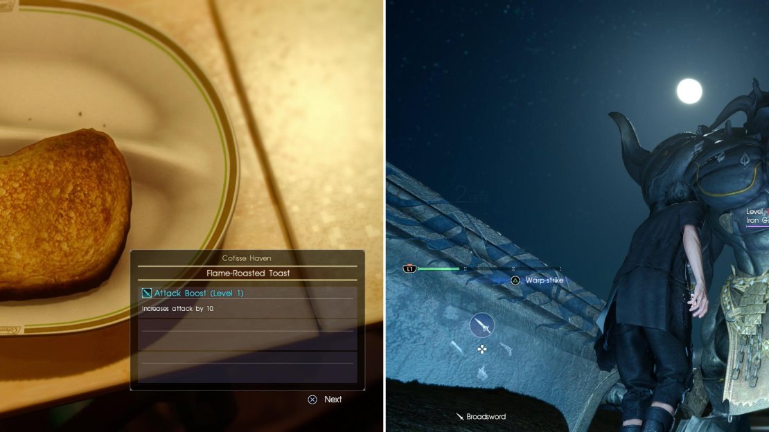 Camping will give Ignis the opportunity to prepare various foods, which give stat-boosts (left). Find somewhere safe to stay at night, as powerful daemons roam the world at night (right).