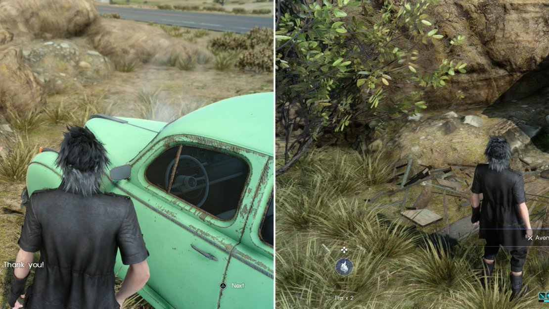 On your way back to the Hammerhead outpost, help a stranded motorist (left) and pick up some new daggers for Ignis (right).