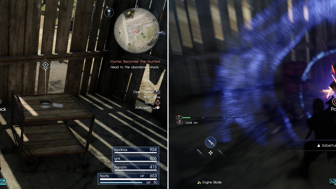 Search the shack to find some documents (left) then fight off the Sabertusks that ambush you (right).