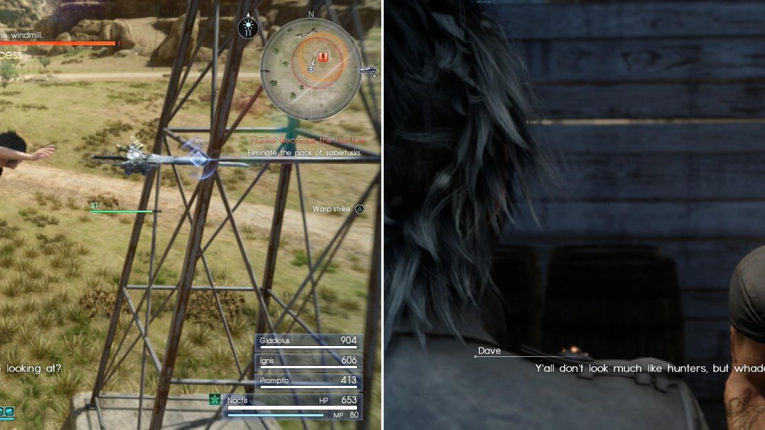 Warping to a vantage point will allow you to score a devastating first strike (left). Rescue Dave - everybody’s favorite hunter - and he’ll give you the honor of finishing the hunt for Bloodhorn (right).