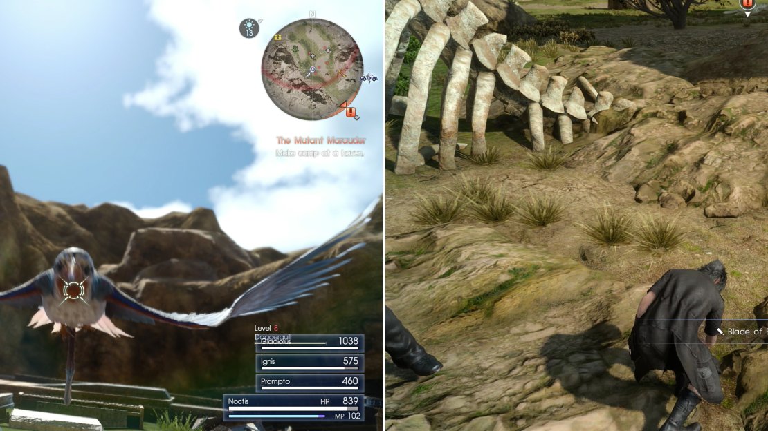 Daggerquills may prove difficult to fight due to their aerial prowess, but can easily be dodged, blocked and countered (left). After clearing the valley, search a Treasure Spot for the Blade of Brennaere (right).