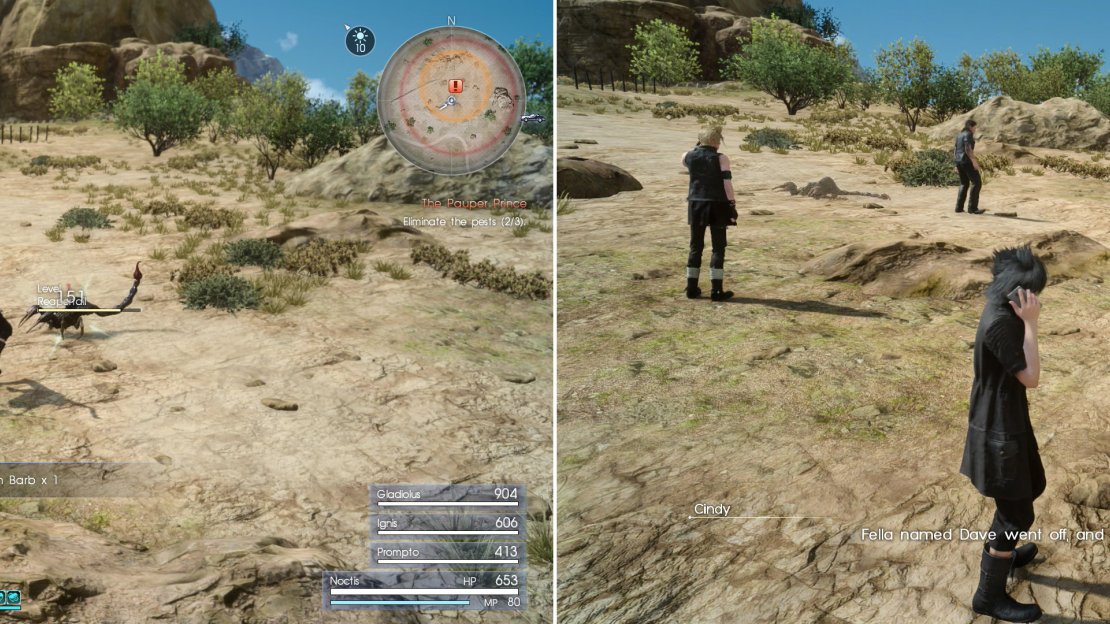 Head out into the wilderness and strike down the varmints (left) after which you’ll be asked to go look for a missing hunter (right).